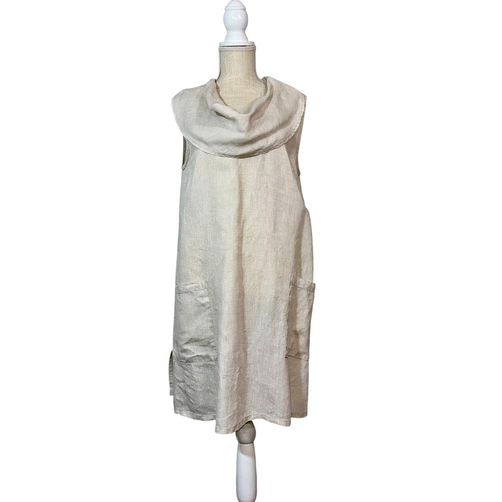 Camille & Co 100% Linen Beige Dress Sz S Oversized Pockets Lagenlook Cowl Neck